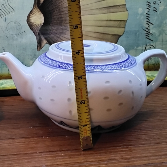 VINTAGE CHINESE RICE PATTERN PORCELAIN TEAPOT & 3 CUPS BLUE & WHITE CHINA - Picture 14 of 16